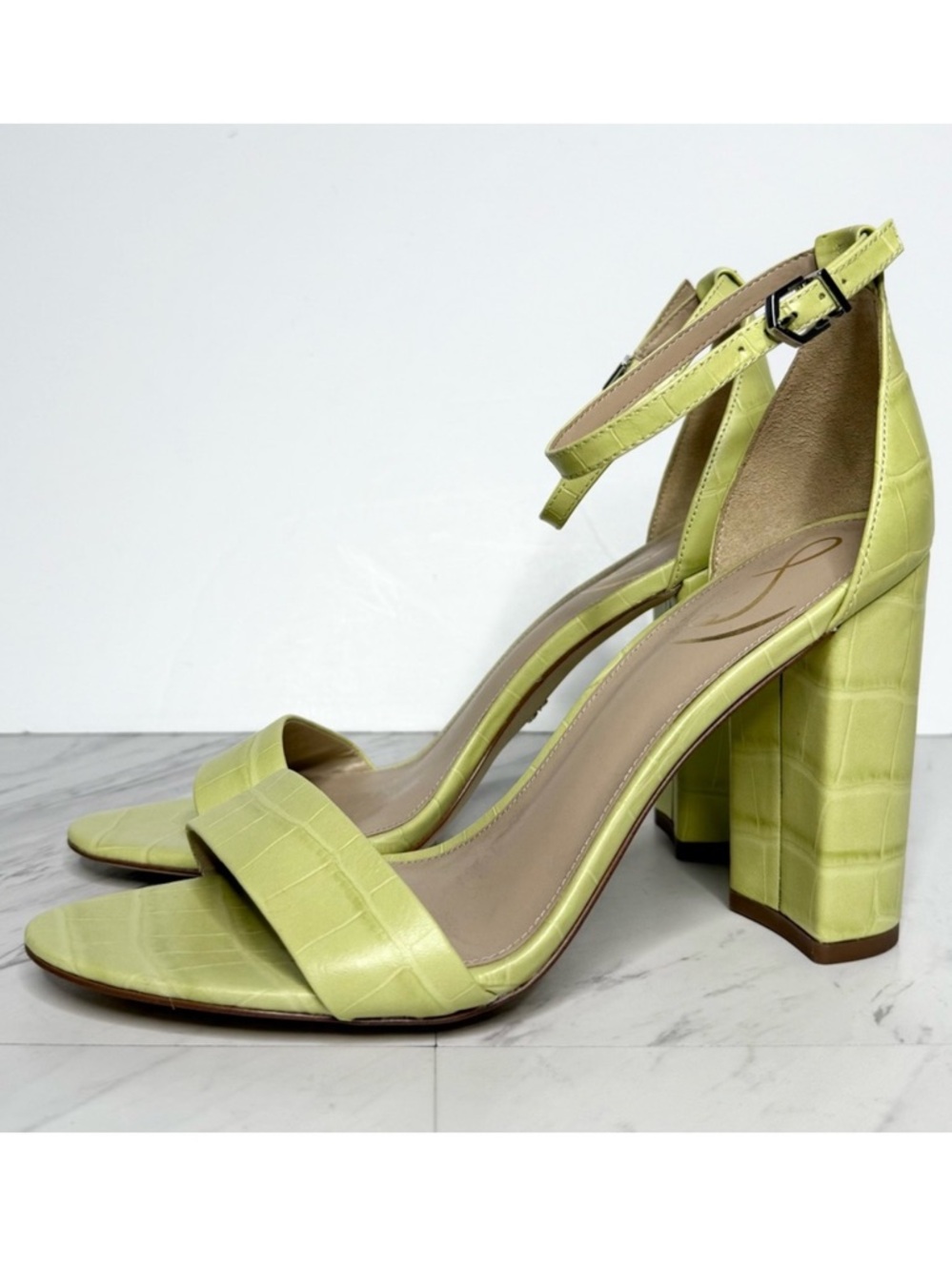 Sam Edelman Yaro Yellow Green Crocodile Block Heel Sandal 9 1/2 M